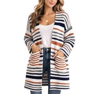 Romwe Women’s Medium Striped Knit Long Cardigan Open Front Pockets Blue  Tan